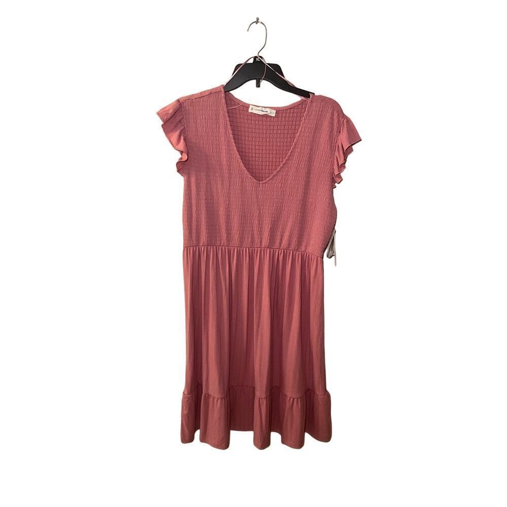 Lucky Brand Mini Shift Dress Women's XL Pink Short Cap Sleeve Ruffle Hem V-Neck